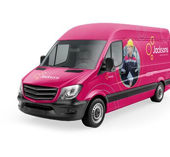 Jacksons new pink van with a white background